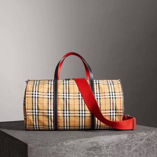 BURBERRY LARGE VINTAGE CHECK AND LEATHER BARREL BAG RED กระเป๋าเดินทางแบบถือ แบรนด์เบอเบอรี่ ลายสก็อต สายสีแดง