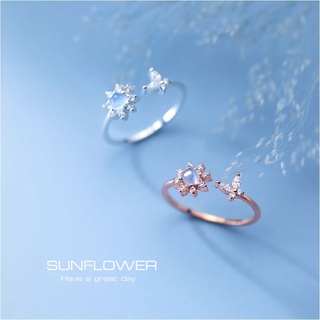 s925 Sunflower Ring แหวนเงินแท้  ดอกทานตะวันและผีเสื้อ สามารถปรับขนาดได้