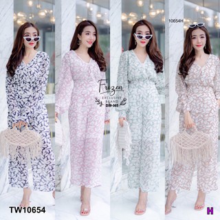 TwinsShopVip💗พร้อมส่ง TW10654 จั๊มสูทยาวแขนบอลลูนลายใบไม้