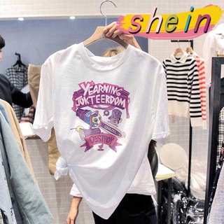 shein 2200 เสื้อยืดผู้หญิงแฟชั่น Oversized เดรส เสื้อสาวอวบสกรีนลายการ์ตูน เสื้อผ้าทรงหลวม