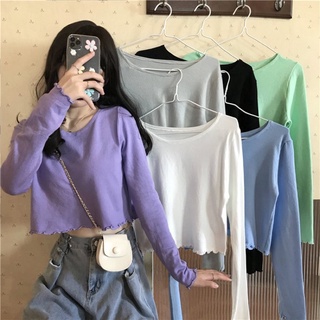 *พร้อมส่ง* Short long sleeve milk blue knitted top🦄 เสื้อยืดแขนยาวสีสันสดใส💚💜💙🤍🖤