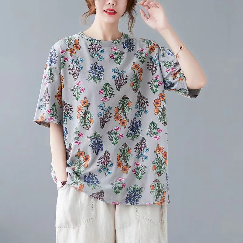 [จัดส่งจากไทย]เสื้อยืดผู้หญิง แขนสั้น พิมพ์ลายดอกไม้ คอกลม ทรงหลวม เนื้อผ้านิ่ม ใส่สบาย - รูปที่ 3