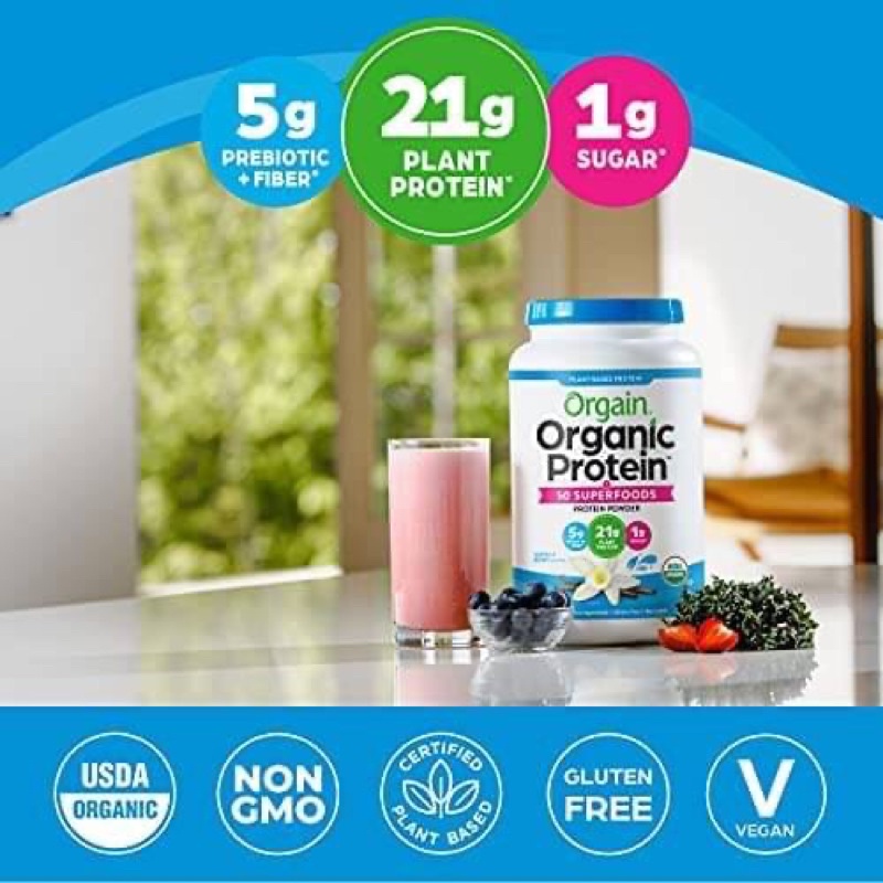 Orgain Organic Protein + Superfoods Powder, Vanilla Bean, 21g Protein, 2.02 lb