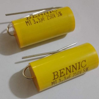 3.3UF 250V 335 3300NF BENNIC MT คาปาซิเตอร์เสียงแหลม C 3.3UF 250V สีเหลืองทรงกระบอก หางหนู(แพ็ค2ตัว)