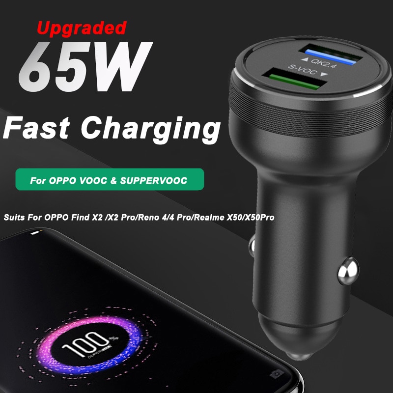 อัพเกรด 65W SUPERVOOC 2.0 Car Charger Fast รถชาร์จ Type-C สําหรับ OPPO ค้นหา X2 Pro Reno 3 4 Ace 2 X20 X2 Realme X50 Pro