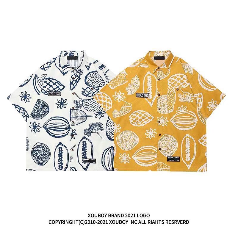เสื้อเชิ้ตแขนสั้น พิมพ์ลาย สไตล์ฮิปฮอป ยุโรป อเมริกัน ฮาวาย โอเวอร์ไซซ์ สําหรับผู้ชาย