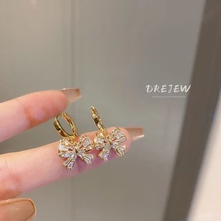 DREJEW ต่างหูแฟชั่น ทอง 18K ประดับโบว์ เพทาย กันแพ้ ระดับไฮเอนด์