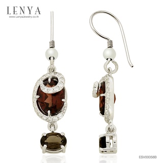 LenYa Jewelry ต่างหูเงินแท้ ดีไซน์เก๋ ประดับพลอยโกเมน (Garnet) สโมคกี้ควอตซ์ (Smoky Quartz) และเพชร DiamondLike