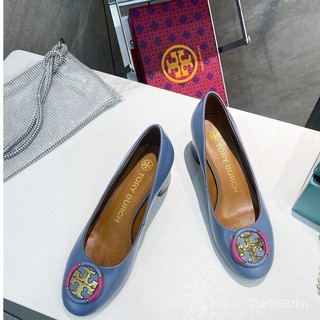 ของแท้ 100%  TORY BURCH summer new thick-heeled womens shoes metal buckle leather high-heeled shoes with foot shoes-