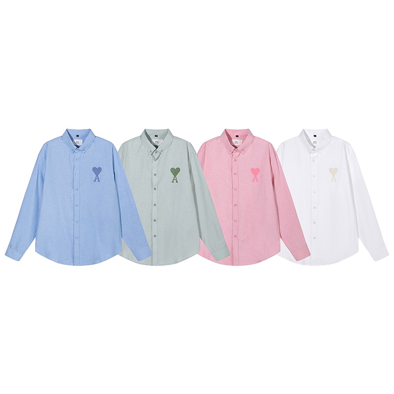 [พร้อมส่ง] เสื้อเชิ้ตแขนยาวลําลอง ผ้าฝ้าย ปักลายหัวใจ สีแดง สไตล์ปารีส สําหรับผู้ชาย และผู้หญิง