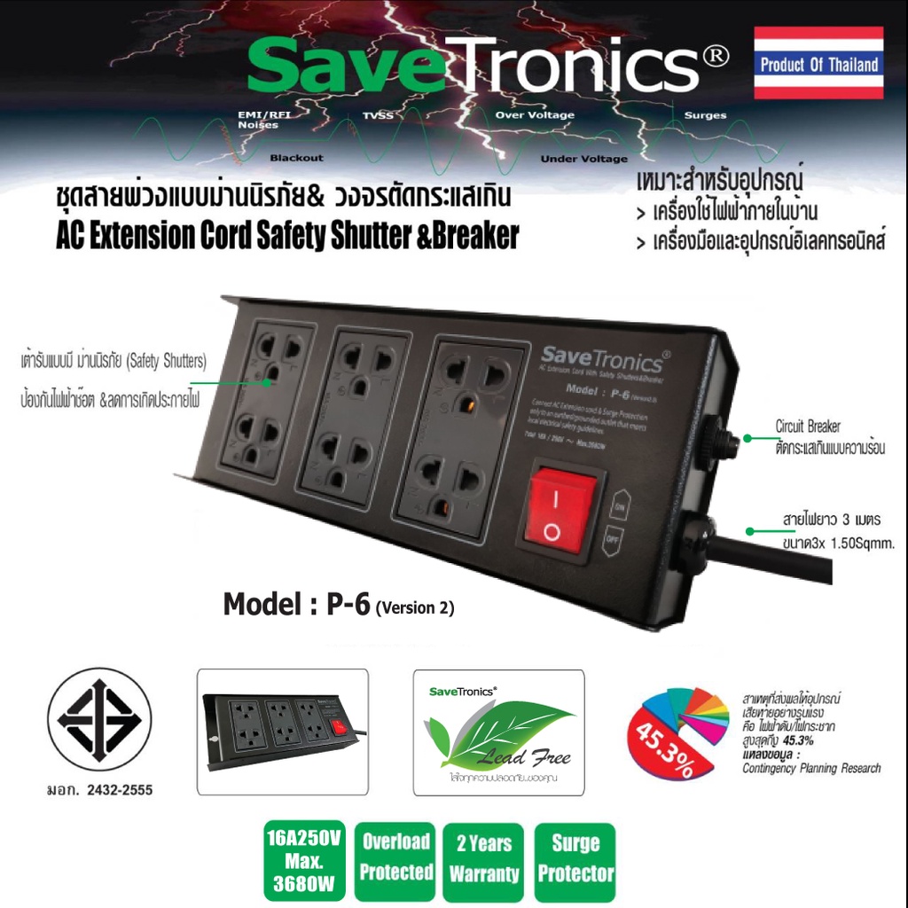 SaveTronics : ปลั๊กไฟป้องกันลดทอนไฟกระโชกชั่วขณะ(เนื่องจากฟ้าผ่า) รุ่น :P-6_Version2.0