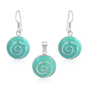 Silver Thai Spiral Design Turquoise Round Pendant and Earrings Setจี้และต่างหูสีเขียววงกลมสวยแบบเรียบๆๆเงินแท้925