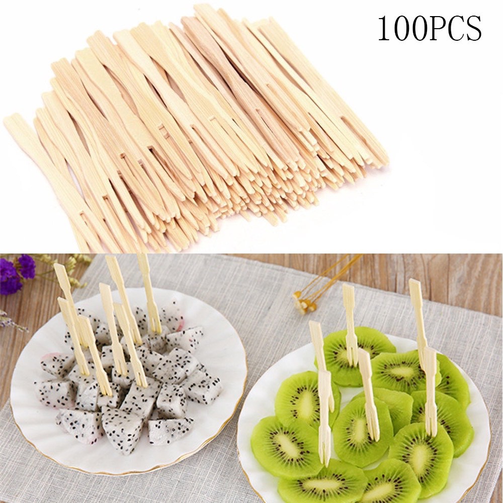 ส้อมจิ้มผลไม้ ส้อมไม้ไผ่ออแกนิก (แพ็ค 100 ชิ้น) ขนาด 9 CM