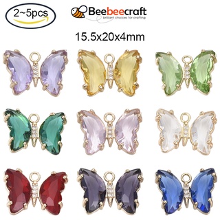 Beebeecraft จี้แก้ว รูปผีเสื้อ ทองเหลือง สีฟ้า 15.5x20x4 มม. รู 1.8 มม. 2-5 ชิ้น