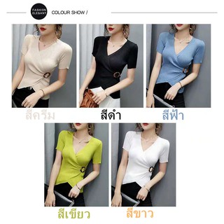 bonniefashion(พร้อมส่ง/ใหม่)รุ่น#70008 เสื้อไหมพรมแขนสั้นไขว้หน้าแต่งหัวเข็มขัดข้างทรงน่ารัก