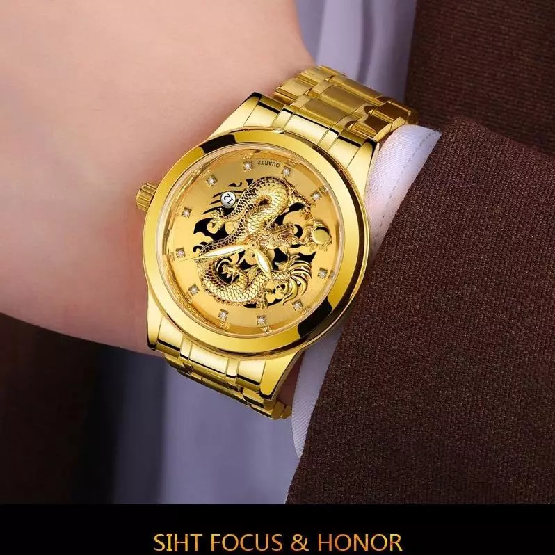 [ฟรีแหวน] 3D Gold Dragon Calendar Quartz Stainless Steel Men Watch Set Jam Tangan Naga Lelaki