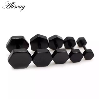 ต่างหูผู้ชาย-ผู้หญิง หกเหลี่ยม ดัมเบลดำ-เงิน-ทอง-ไทเท  งานดี…