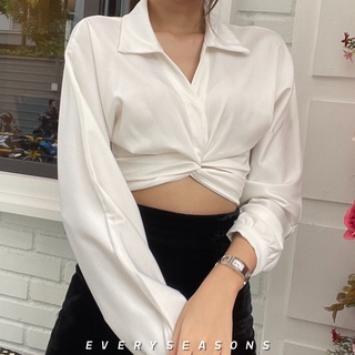 เสื้อเชิ้ตซาติน shirt ผ้าซาติน crop shirt satin ม้วนตรงใต้อก twist top [TWT-003-WHI-FS]