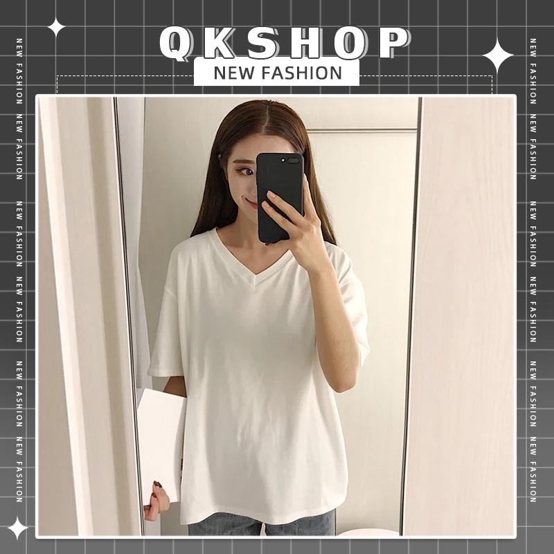 QKshop มาจ้าสาวๆ เสื้อยืด งานดีผ้านุ่ม คอกลม คอวี สีพื้น ใส่ได้ทุกวัน แมทช์ง่ายๆ ใส่สบายม๊วกกกกต้องจัดน๊า