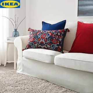 IKEA SKOGSKORN สกูกสคูร์น หมอนอิง, ลายปักสีสดบนหมอนอิง แต่งมุมทั้งสี่ด้วยพู่สีเดียวกับลายปัก เทาเข้ม/หลากสี40x65 ซม.