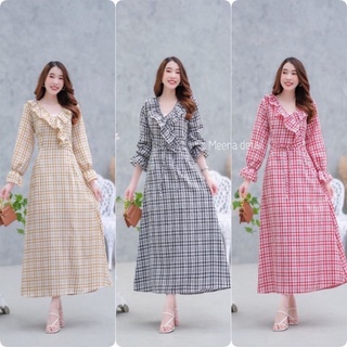 Maxi dress ลายสก๊อตแขนยาวระบายปลายแขน