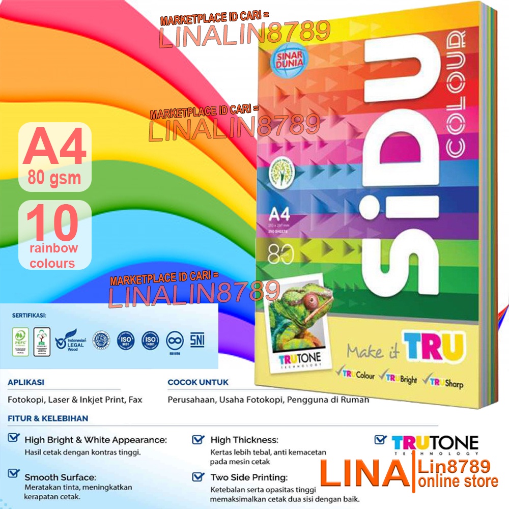 SIDU A4 80 GRAM COLOR HVS PAPER / SIDU 10 กระดาษสี RAINBOW