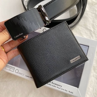 Calvin Klein Leather Belt &amp; Wallet Set เซทกระเป๋าสตางค์+เข็มขัดรูปเส้นประคลื่น