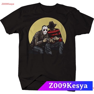 Z009Kesya เสื้อยืดสีพื้นผู้ชาย Horror Scary Movie Villains Playing Video Games Jason Freddy Tshirt - XLarge Jet Black di