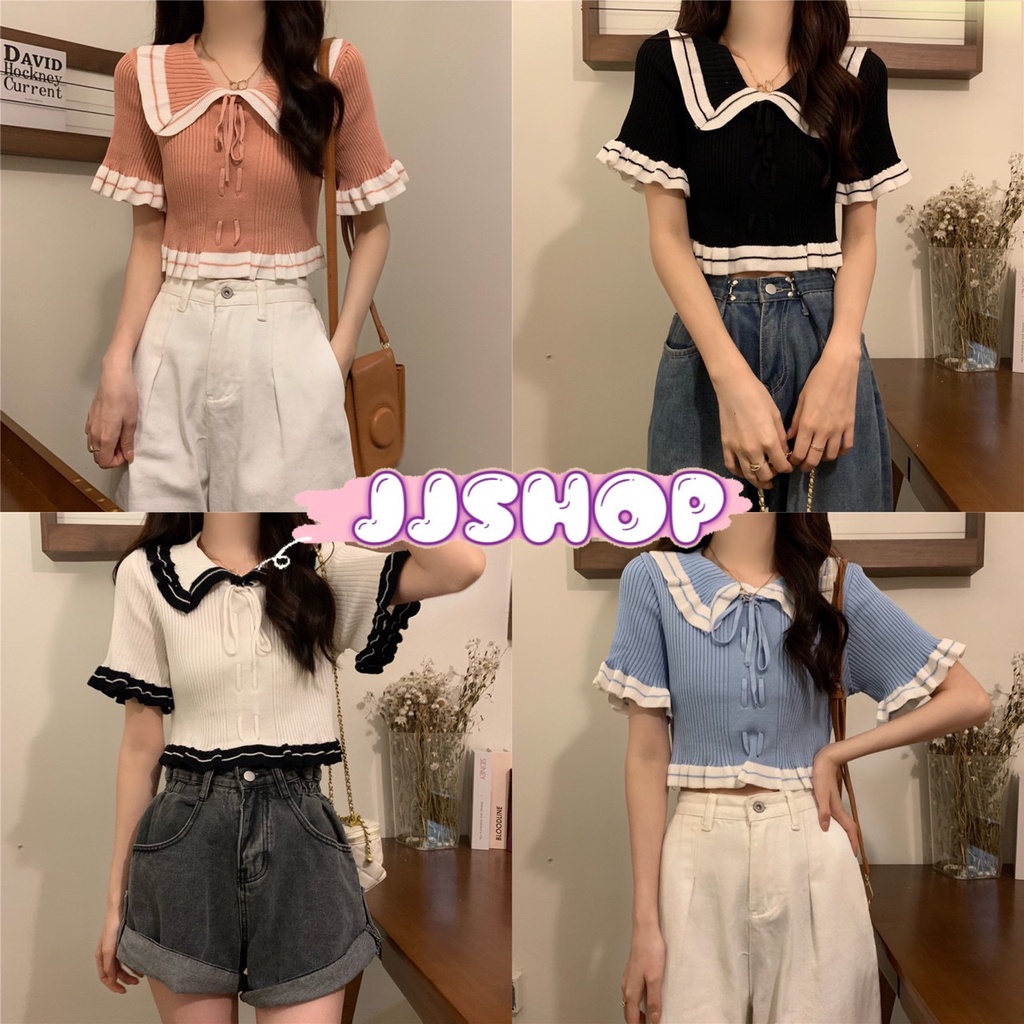 JJ Shop​ ​พร้อมส่ง เสื้อไหมพรมแขนสั้นคอปก น่ารักทรงสวยผ้านิ่มมาก "6A46-1"