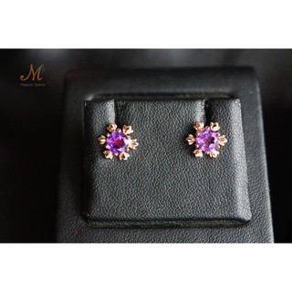 Meena Gems ต่างหูอเมทิสสีม่วงเข้มสวย ดีไซสดอกไม้ ตัวเรือนเงินแท้ชุบพิงค์โกวล