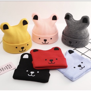 พร้อมส่ง หมวกไหมพรมมีหู รูปหมี สีสันสดใส ใส่ได้ทั้งชายและหญิง พร้อมส่ง