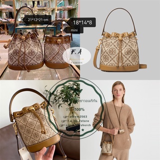 F.A ว่าแท้100% TORY BURCH T MONOGRAM JACQUARD BUCKET BAG MINI BAG กระเป๋าถือสตรี กระเป๋าสะพายข้าง สองขนาด 1616 1615