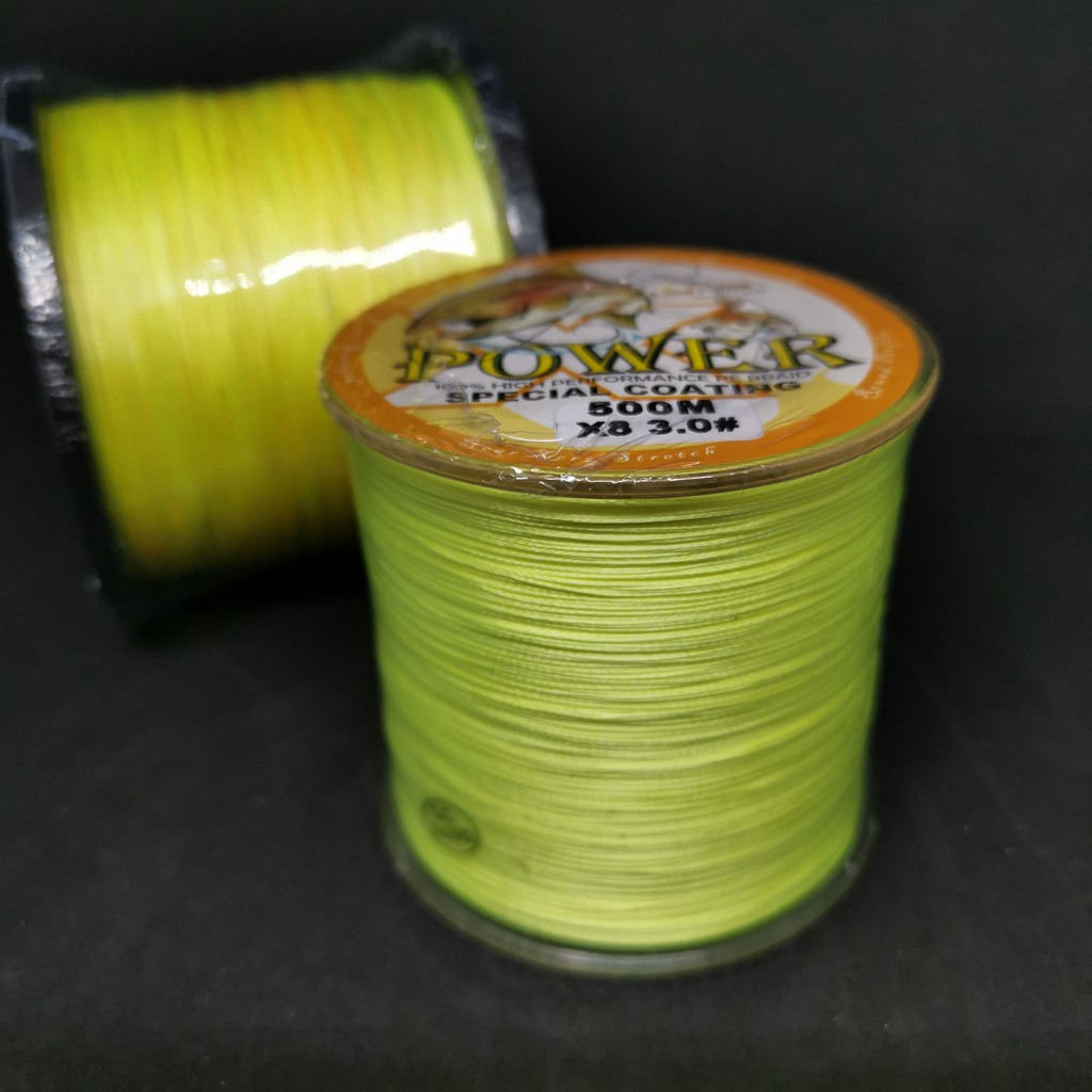 POWER 500เมตร สายตกปลา 100% PE ถัก8เส้น ( X8) เบอร์  3.0 4.0 5.0 6.0 8.0สีเหลือง เหนียวๆ
