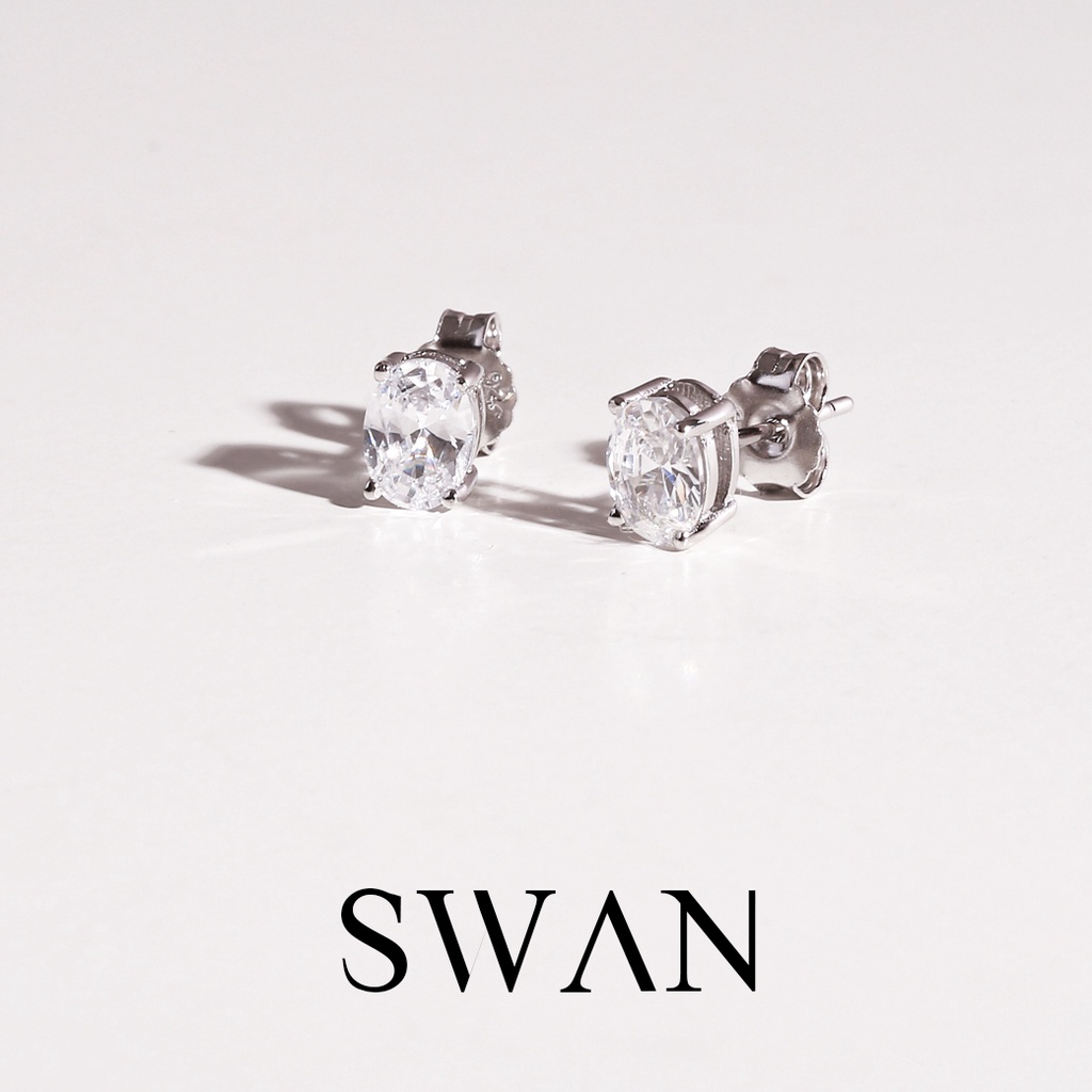 [ส่งด่วนฟรี]SWAN - Oval Earring (5*7) ต่างหูติดหูเงินแท้ ฝังเพชรคิวบิกเซอร์โคเนีย cubic zirconia