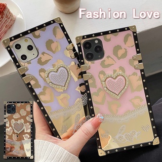 สําหรับ Samsung Galaxy S22 Ultra S21 plus S22+ S21+ S21FE S20FE เคสมือถือ Soft TPU Case เคสป้องกัน Luxury Mirror Fashion Trend Love Flowers เปลือกสี่เหลี่ยม พร้อมขาตั้งแม่เหล็ก