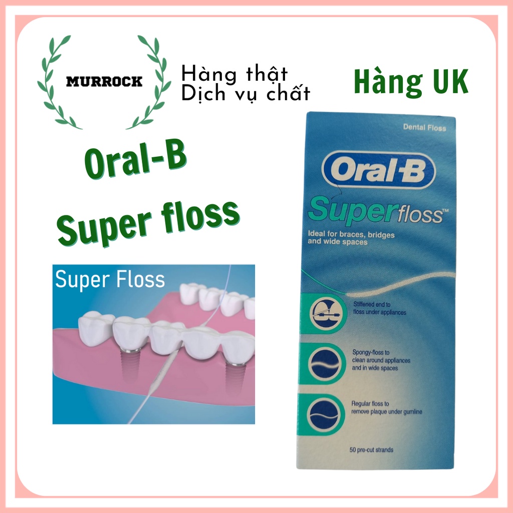 ไหมขัดฟันสําหรับ Bridge, Implant, Braces Oral-B Super floss mint UK 50 Strands [HSD 2026 ]