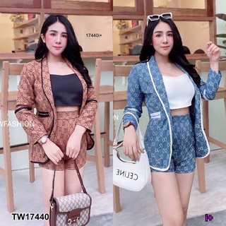 PP17440 set 3 ชิ้น เสื้อสูทพิมลาย + เสื้อครอปสายเดี่ยว + กางเกงขาสั้น