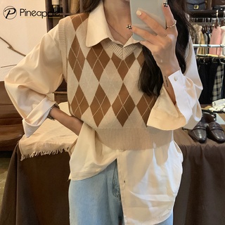 เสื้อกล้ามไหมพรมถัก เสื้อกั๊กหญิง สไตล์ย้อนยุคเกาหลี Diamond plaid knitted vest 1128