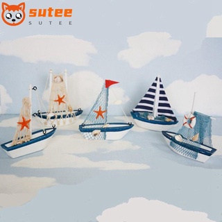 SUER Mini Sailing Boat Model Home Decoration Nautical Figurine Wooden Ship Ornaments Retro  Birthday Gifts Blue  Mediterranean Style Vessel Crafts