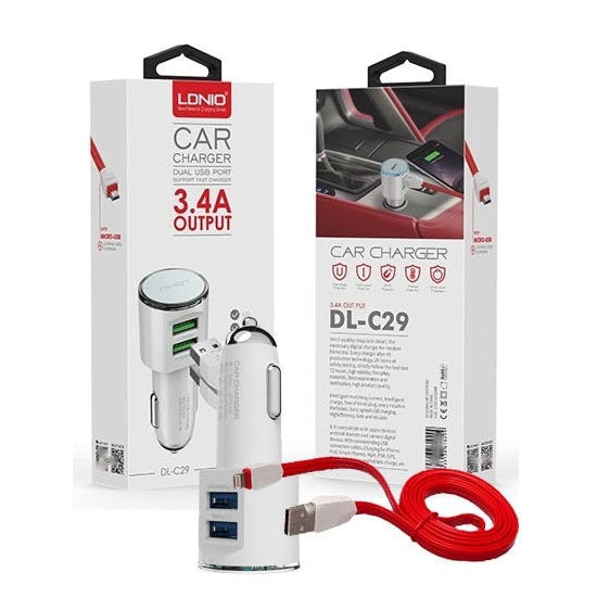 LDNIO 2 USB Car Charger พร้อมสาย V8