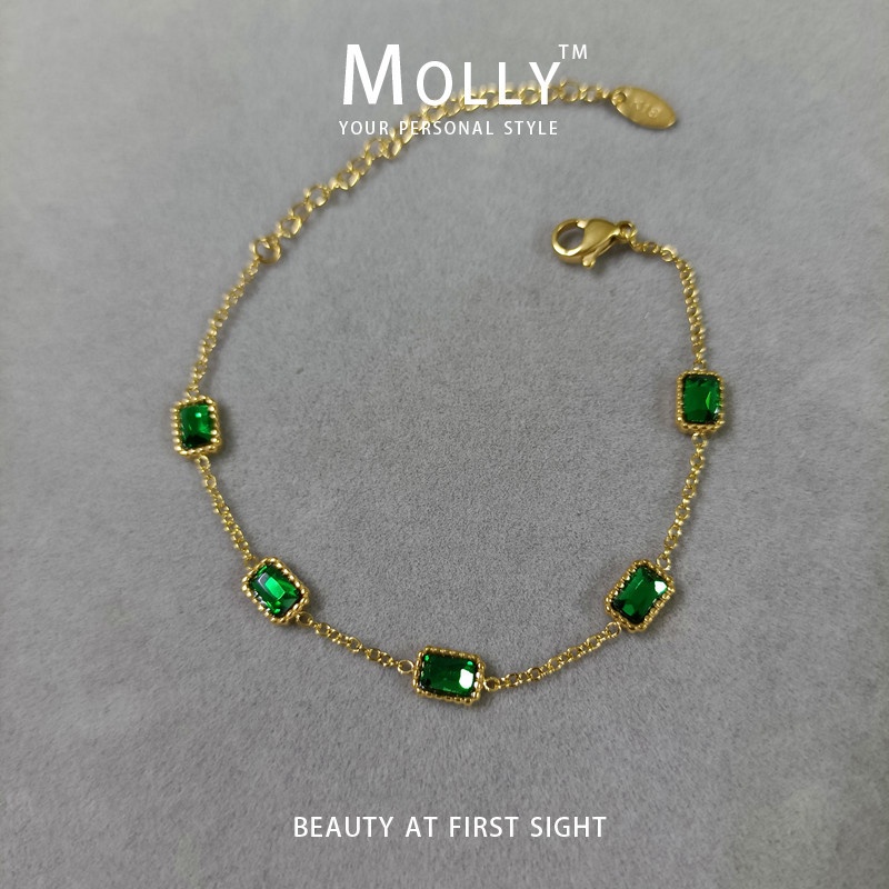 Molly สร้อยข้อมือหิน Cubic Zirconia สแตนเลสสีเขียวสําหรับผู้หญิงไม่ซีดจาง 18K Gold Plated Hypoallergenic Non Tarnish แฟชั่นสร้อยข้อมือสแตนเลส