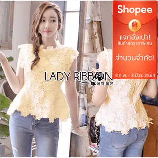 เสื้อลูกไม้สีเหลืองแขนกุดปลายเสื้อระบายนิดๆ ซิปหลัง ป้าย Lady Ribbon