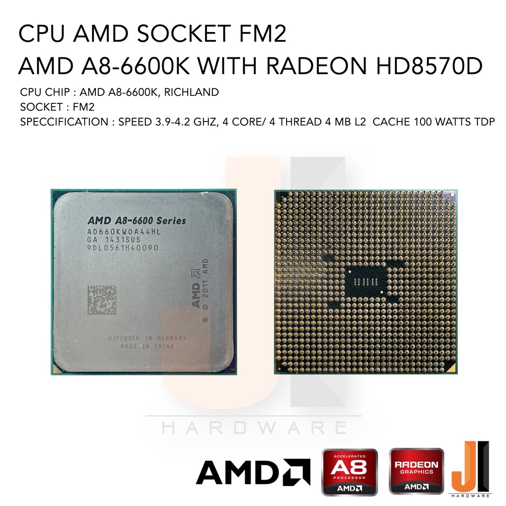 CPU AMD A8-6600K 4 Core/ 4 Thread 3.9-4.2 Ghz 4 MB L2 Cache 100 Watts TDP No Fan Socket FM2 (สินค้ามือสองมีการรับประกัน)