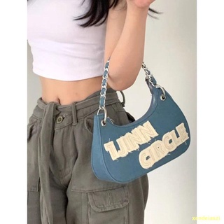 HOT SALE#🌈Retro แฟชั่น Chain Denim Ingot กระเป๋า 2022 ใหม่ปักพิมพ์กระเป๋าถือ Commuter Messenger Bag