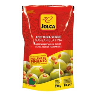 จอลก้า มะกอกเขียวสอดไส้พริก 190 กรัม จากสเปน - Manzanilla Olives stuffed with Pepper Paste 190g Jolca brand from Spain