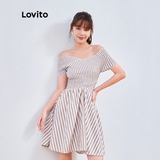Lovito ชุดเดรสสําหรับสตรีทรงเอ เปิดไหล่ ทรงสลิมฟิต L04191 (สีฟ้า/สีเบจ)