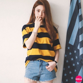 🎀Korean Fashion🎀เสื้อลายทางเหลืองดำ คอกลมแขนสั้น