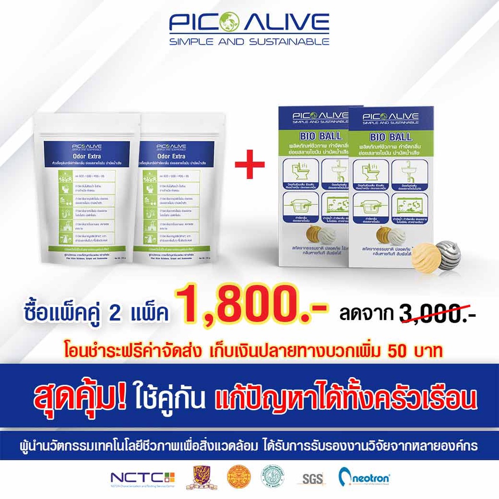 Pico Bio Ball กับ Odor [แพ็คคู่ 2 แพ็ค] พิโกหัวเชื้อจุลินทรีย์ กำจัดกลิ่น แก้ส้วมเต็ม ท่อตัน