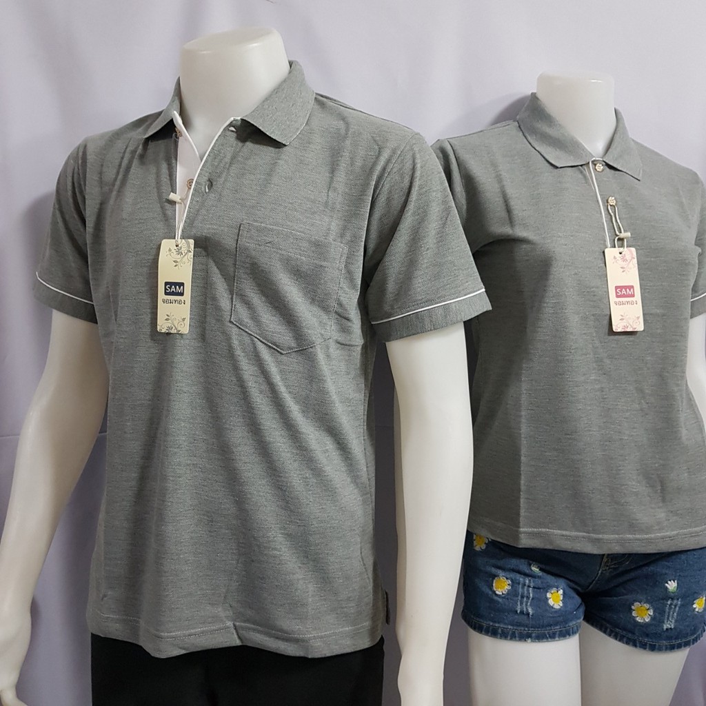 เสื้อโปโลสีเทาอ่อนแขนสั้นสไตส์เรียบร้อยทรงสวยชายมีกระเป๋า
