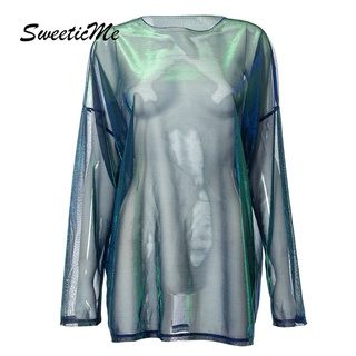 SweeticMe Womens 2022 New Solid Round Neck Pullover Mesh Micro-transparent Long Sleeve T-shirt